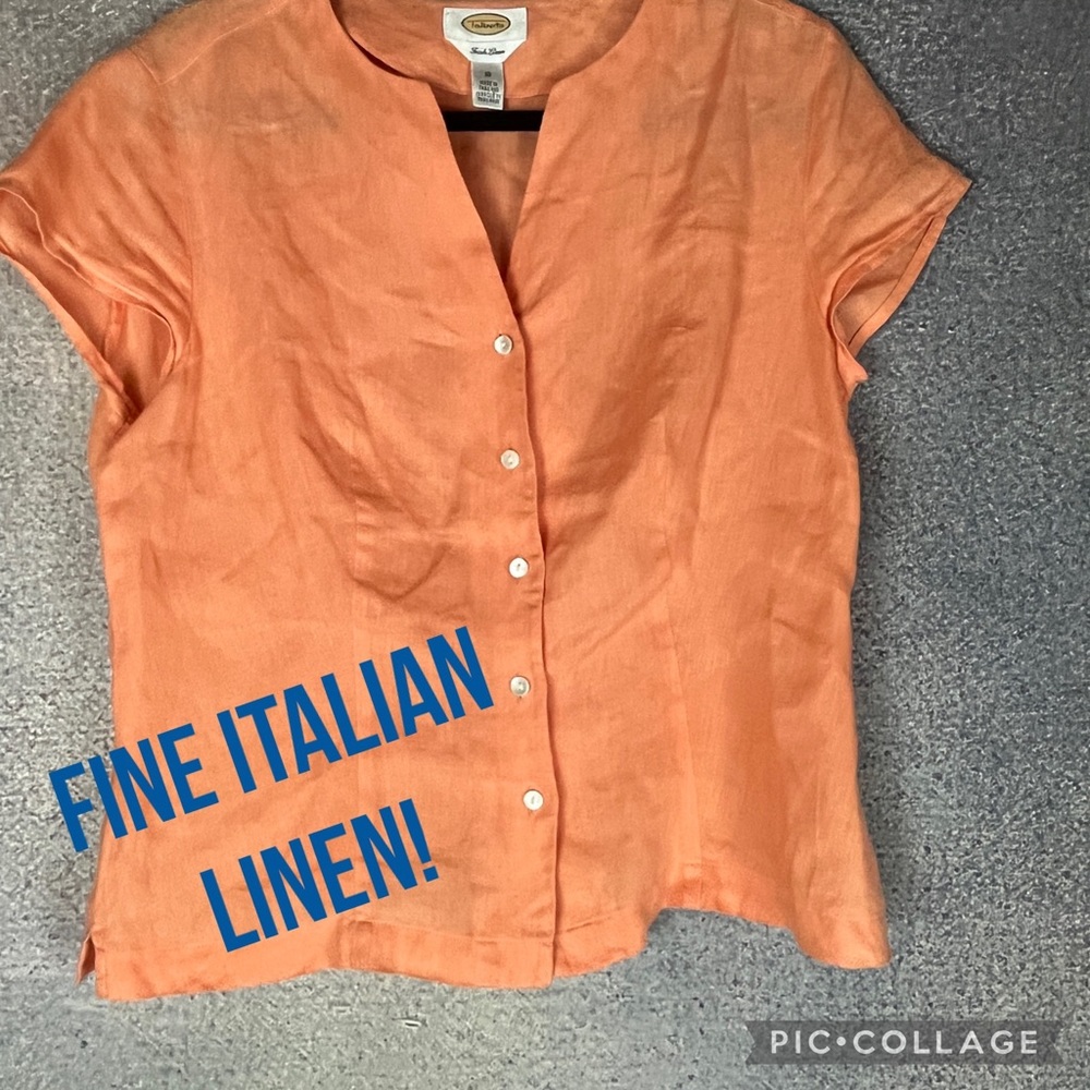 TALBOTS PALE TANGERINE ITALIAN LINEN BUTTON DOWN SHORT SLEEVE BLOUSE